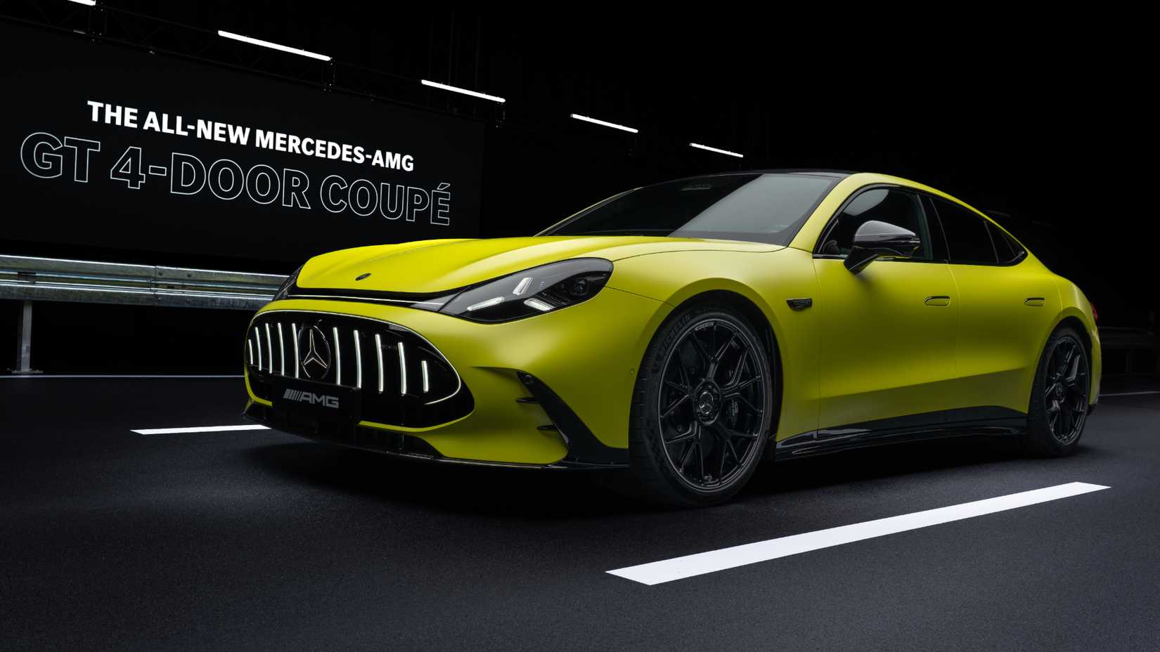 2027 Mercedes-AMG GT 4-Door Coupe electric yellow studio exterior (3)